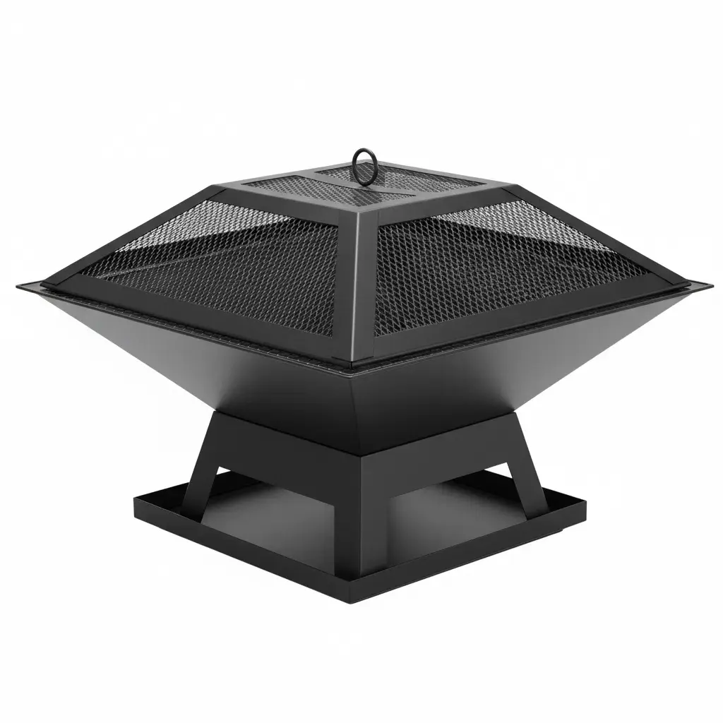 18.5-in Portable Square Charcoal Grill - Outdoor BBQ Fire Pit with Hook, Fireproof Cover, for Heating, Camping, Multi-Person Dinners, Multi-Functional Table (Works with Firewood), Portable Charcoal Grill