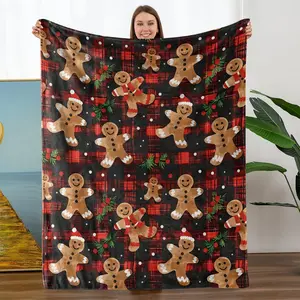 Gingerbread Man Blanket, Ultra-Soft Lightweight Flannel, Festive Plaid Modern Style, Multi-Purpose Seasonal Throw