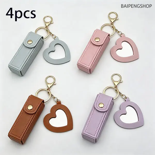 4Pcs Kawaii Lipstick Keychains - Mini Pouch with Mirror, Portable Multi-use Makeup Organizer, Fashion Key Decor Accessories for Travel