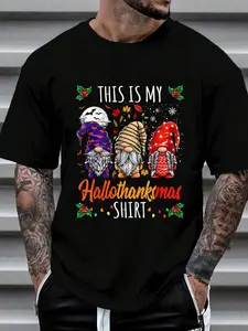 100% Cotton Halloween Thanksgiving Christmas Funny Hallothanksmas Gnomes T-Shirt Women's Men's Graphic Tee Crew Neck summer vacation Tops
