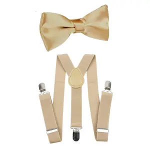 TIE MOOD Gold Satin Kid's Pre-Tied Bow Tie & Tan Suspenders Set | Bow Tie & Suspender for Boys | Easter Outffit