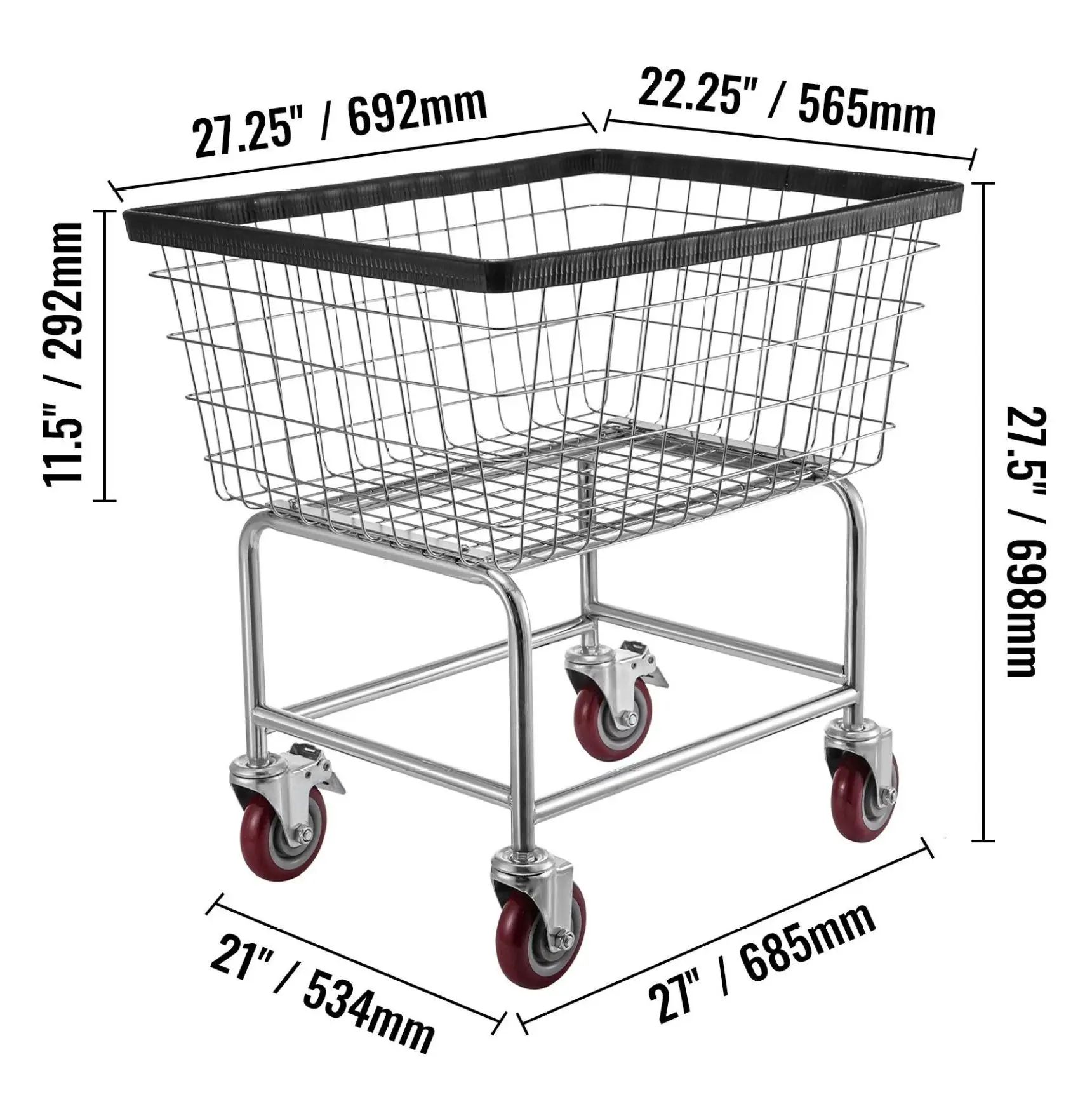 Wire Laundry Cart 2.8 Bushel with Wheels - Commercial Laundry Basket Cart, Steel Frame, Chrome Finish, 4'' Casters - 26.7''x21.7''x26.4'' Laundry Hamper Default