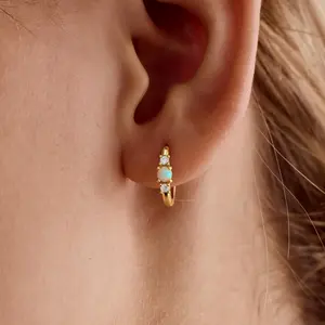 Dainty Opal Huggie Earrings Birthstone Minimalist Hoops CZ Sparkle Tiny Opal Earrings Gift for Her