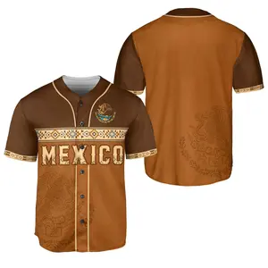 Aztec Tribal Culture Mexico Print Training Jerseys Stripe Baseball Shirt Mexico Flag Cozy Breathable Jersey Unisex Athletic Fit Button Front