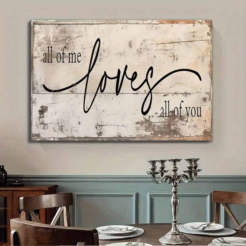 Rustic Farmhouse Style Love Quote Canvas Wall Art Decor, "All Of Me Loves All Of You" Distressed White Wood Plank Print for Bedroom Living Room Home Decoration, Horizontal Sentimental Artwork Gift Ornaments