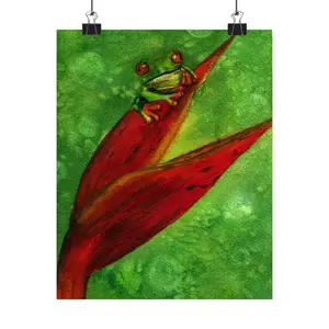 Tropical Tree Frog Art Poster | Green Watercolor Frog on Red Heliconia (Matte Vertical)