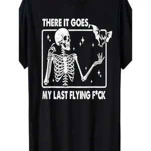 My Last Flying Skeleton, Funny Halloween T-Shirt Mens Casual Fashion Tee T-Shirts, 100% Cotton, Halloween, Thanksgiving, Christmas Gift, Suitable For Men, Women, Family And Friends, Black Casual Short-Sleeved Crew Neck T-Shirt Sizes S To 3XL