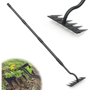 Manual Weeder Tool,6 Tines Garden Weeding Rake with  ,55 Inch Long Handle,Heavy Duty Stand Weeding Tool for Weeding Loosening Soil Gathering Leaf Leveling Thatch Rake