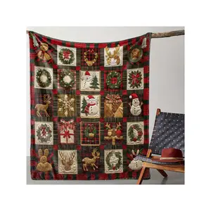 Festive Vintage Christmas Embroidered Patchwork Plaid Throw Blanket, Cute Reindeer Snowman Warm Holiday Decorative Blanket