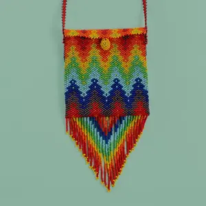 Carnelian - Native Beaded Medicine Bag in a Rainbow Geometric Pattern - Handmade by Mexican Artisans - Mother Sierra