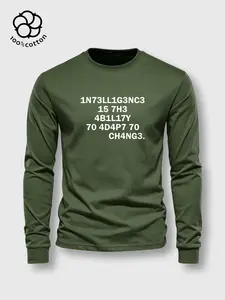 1pc, Men's Pure Cotton Crew Neck Long Sleeve T-Shirt, Ribbed Cuffs, Moderately Thick Fabric, Intelligence Is The Ability To Adapt To Change Print, Unisex All-Season Versatile Casual Basic Top, Perfect Holiday Gift