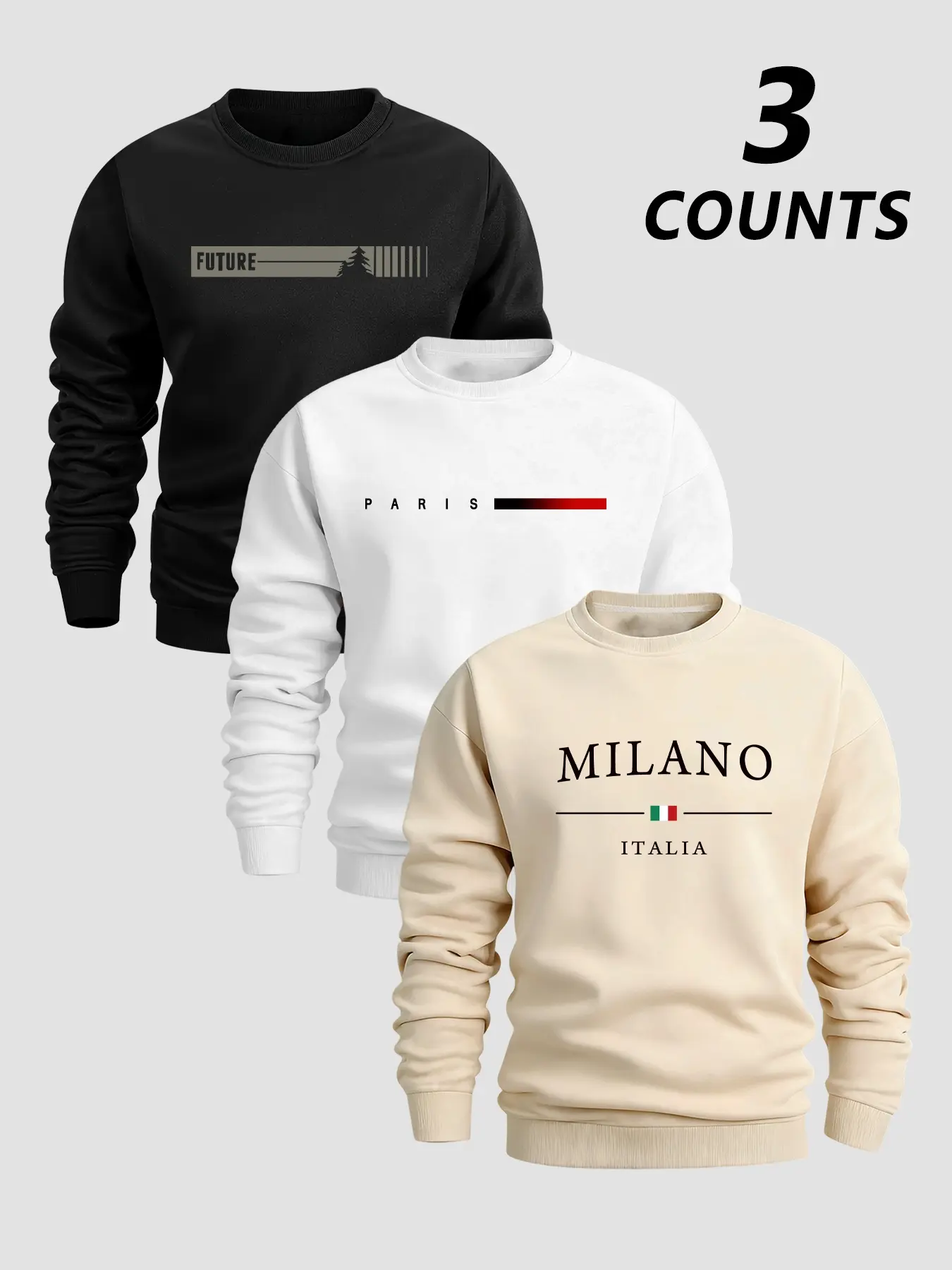 Men's Classic Casual Letter Print Fleece Long Sleeve Fitted Pullover Sweatshirt, Fall & Winter Round Neck Top, 3 Pack, Comfortable, Soft and Versatile