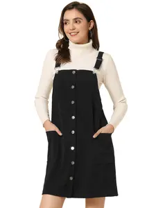INSPIRE CHIC Corduroy Dress Adjustable Straps Button Down Pinafore Overall with Pockets