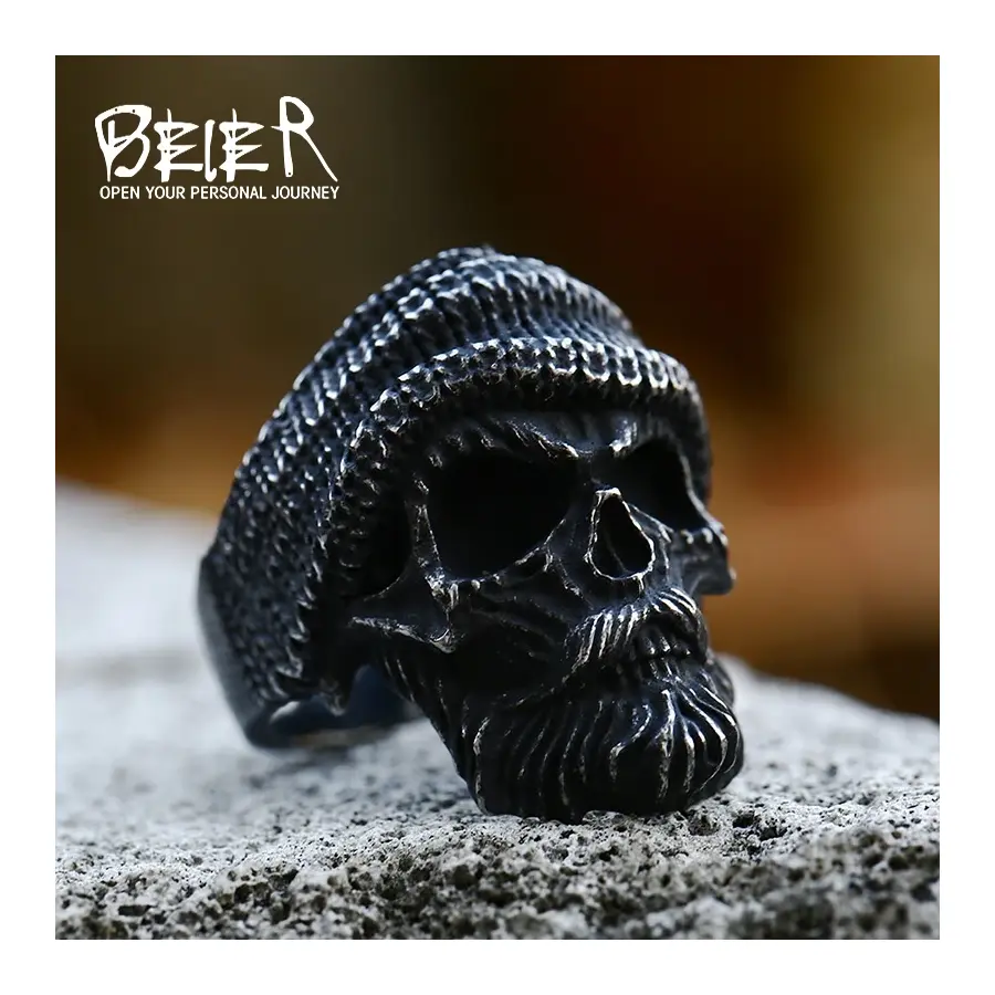 New Arrival Vintage Stainless Steel Beard Wearing Hat Skull Ring Old Man Biker Hip Hop Jewelry For Men