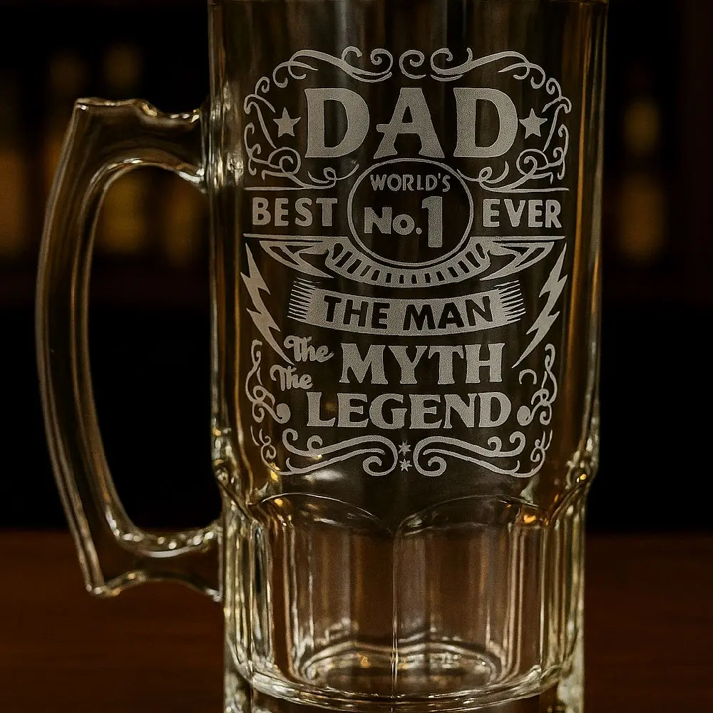 "Man,Myth,Legend" Etched Glass Mug Drinkware "Man,Myth,Legend" Etched Glass Mug Drinkware