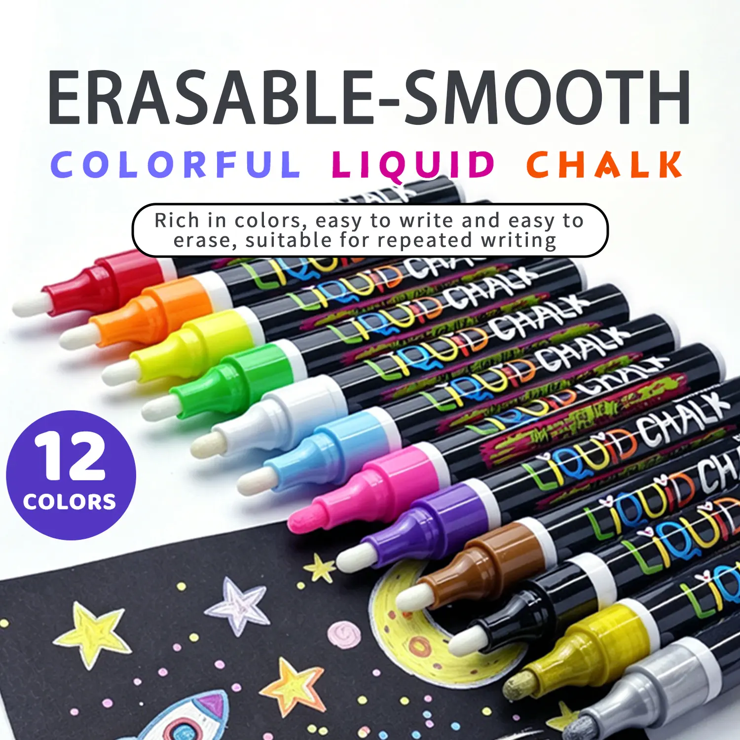 12-Color Washable Liquid Chalk Pen, Reusable Marker for Blackboard, Whiteboard, LED Glass Windows, Car Window Advertising