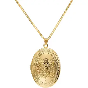Vintage Engraved Flower Empaistic Photo Locket Hold Picture Oval Round Pendant Necklace Antique Carved Pattern Souvenir Memorial Clavicle Jewelry for Women