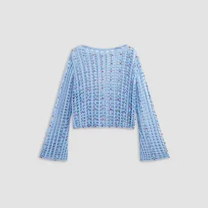 Cider [size 2-10] Knit Boat Neck Hollow Out Beaded See-through Long Sleeve Top SwimWeek