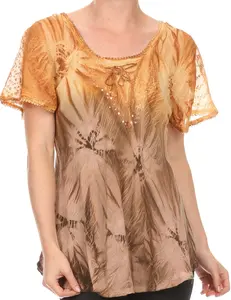 Sakkas Taylay Ombre Tie Dye Batik Long Embroidered Corset Neck Blouse Shirt Top - Buy One Get One