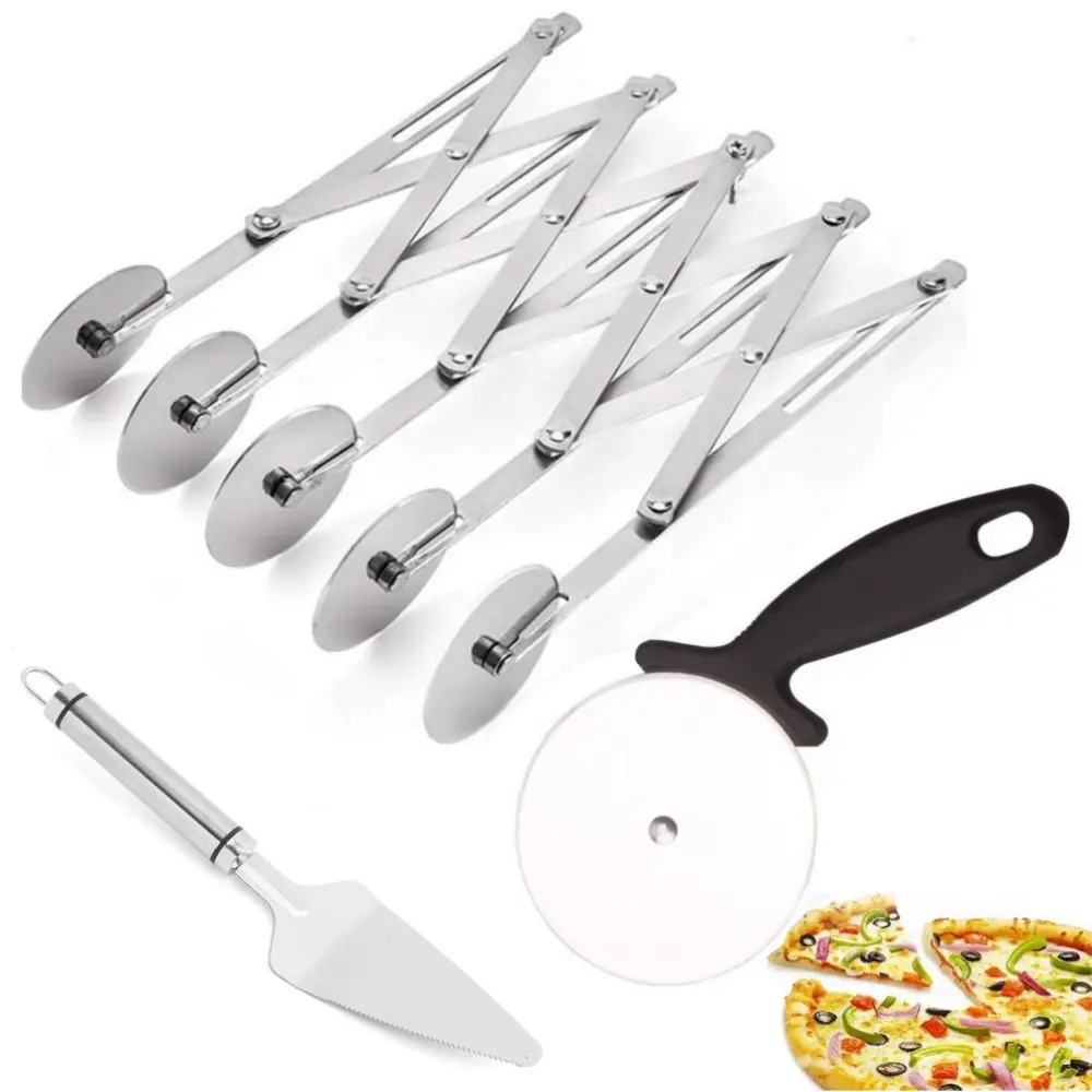 3 pcs Stainless Steel Pizza Cutter Expandable Multi Use Pastry Knife Baking Roller Dough Cutter Wheel with Handle