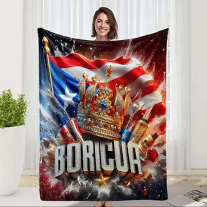 Puerto Rico themed flannel throw blanket - Puerto Rico flag and proud BORICUA design, featuring the national emblem and Spanish text, a soft all-season bedspread suitable for sofas and travel, a gift for Puerto Ricans' birthdays and traditional celebratio