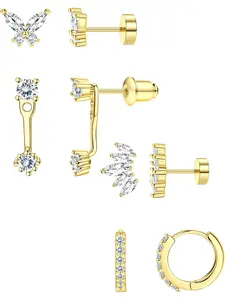 4Pairs Hypoallergenic Gold Earrings Stacks for Women - Trendy Jewelry - 316L Stainless Steel Flat Back Studs & Hoops Earring Sets for Multiple Piercings - Tragus Helix Cartilage Piercing Jewelry - Gold/Silver Tone