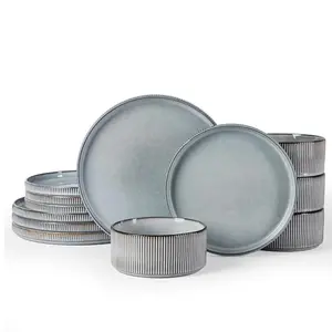 Famiware Star 12 Piece Dinnerware Sets, Plates and Bowls Set For 4, Double Reactive Glaze Dishwasher Safe and Microwave Safe
