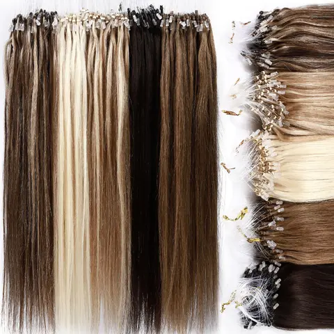 MY-LADY 100% Remy Microloop Human Hair Extensions - 50-Strands/Pack Individual Extensions, Copper Ring, Soft & Silky Straight, 16/18/20/22/24in Classic 1B#/1G, Natural Blending Women's Sohochic Fashion Accessory