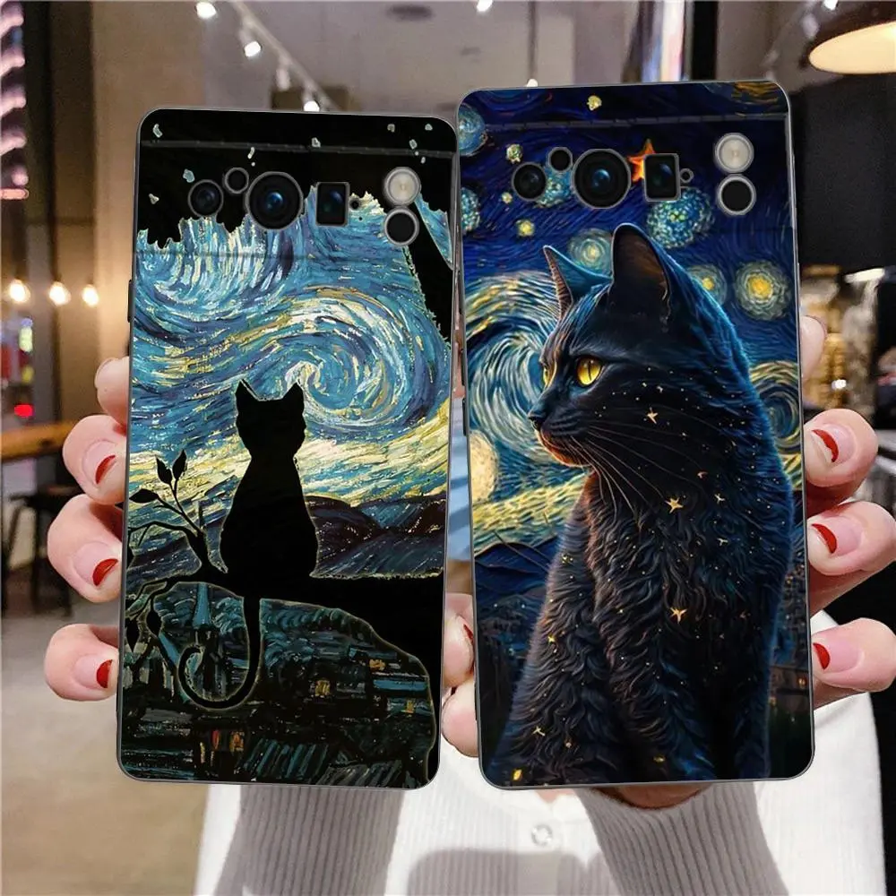 Phone Case For Google Pixel 6 7 8 9 Pro XL 8A 7A 6A Black Cover Soft S Artistic Black Cat Starry Night
