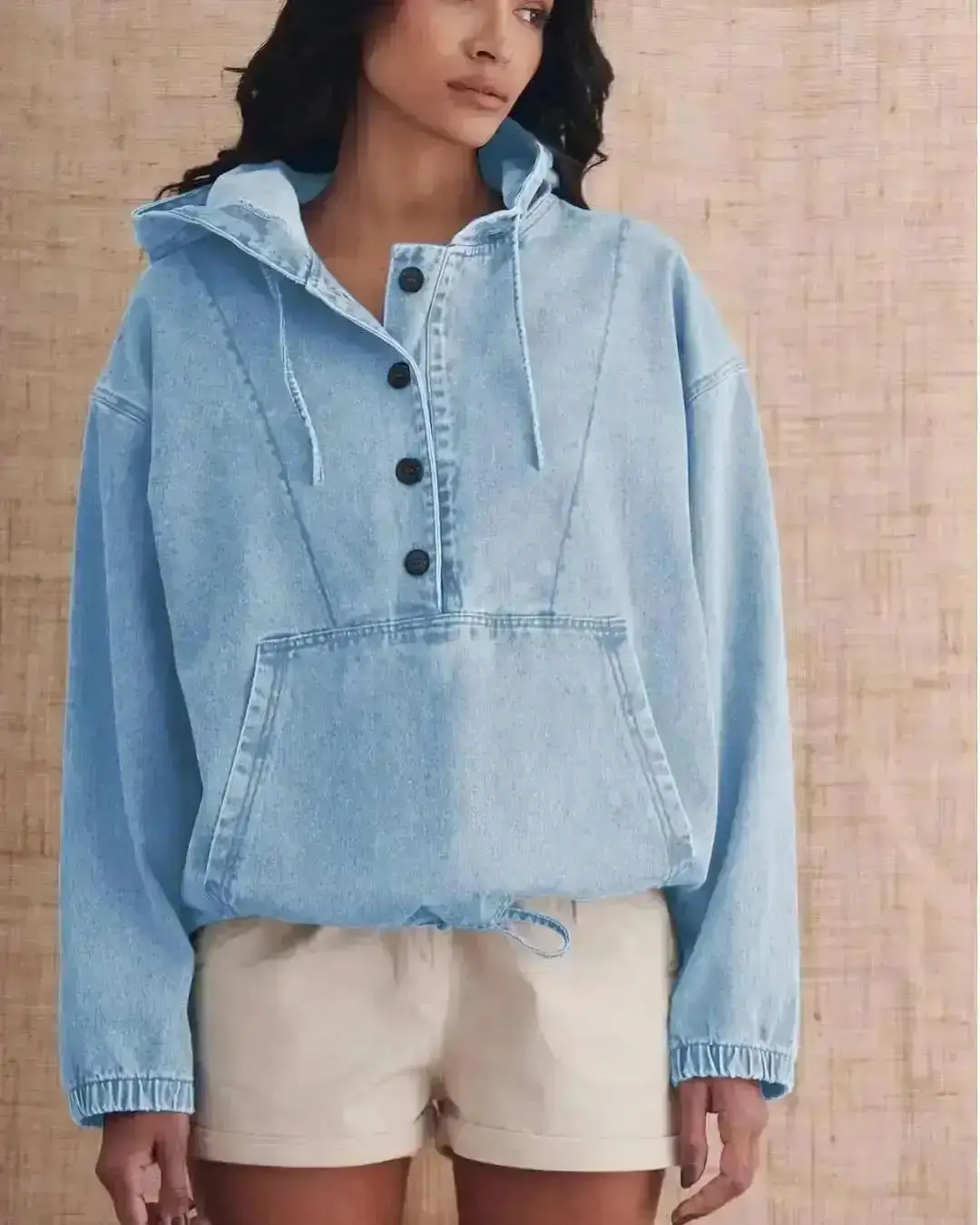 Classic Women's Denim Hoodie Jacket Lightweight Button Up Jean Pullover with Drawstring Hood Casual Long Sleeve Sweatshirt, Outerwear, Trendy, Versatile, Comfort, Wear, Style, All-Season Must Have Durable Wear Elegant
