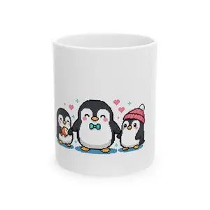 Pixel Penguin Family Mug | Cute Penguin Trio Ceramic Coffee Cup