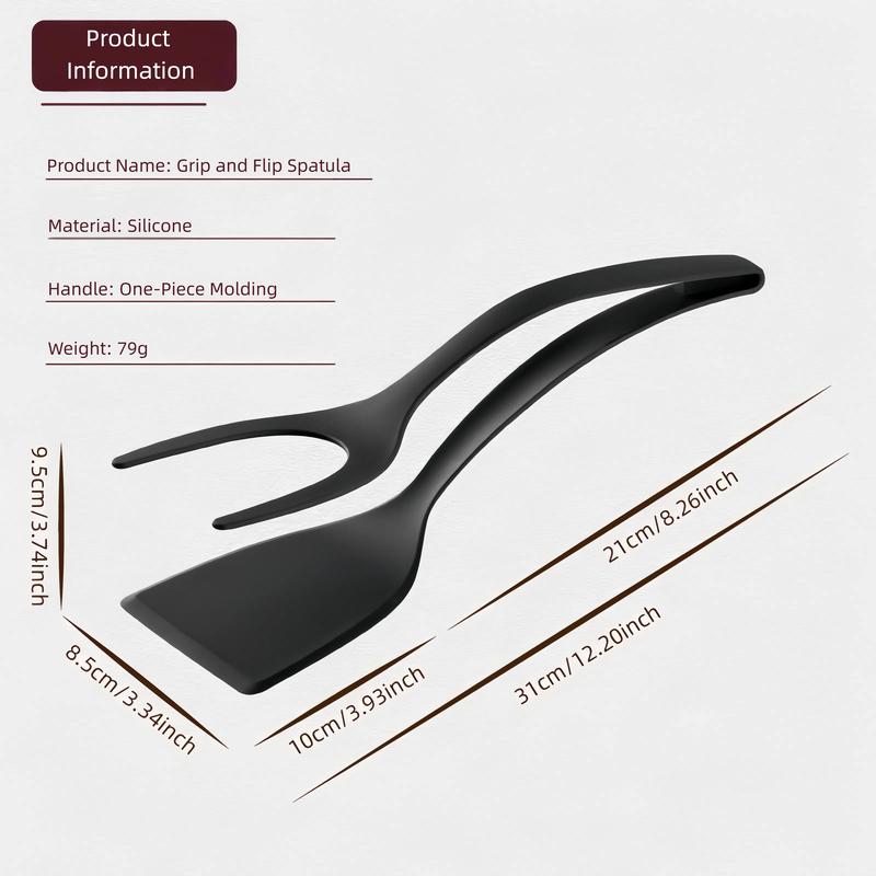 2-in-1 Silicone Shovel & Tweezers Tongs - Black Egg Flipper Pancake Steak Turner Omelet Maker Spatula Fish French Toast Tongs for Home Kitchen Cooking Tools Utensils