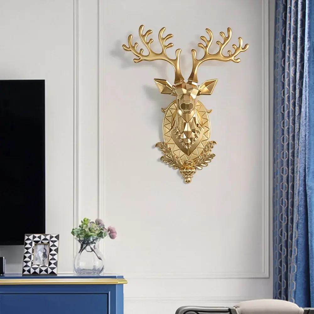 HOMARY Synthetic Gold Lucky Deer Head Hanging Wall Sculpture - Whimsical Animal Face Theme Home Decor Wall Art, Ideal Gift for Home Display, Whimsical Home Decor