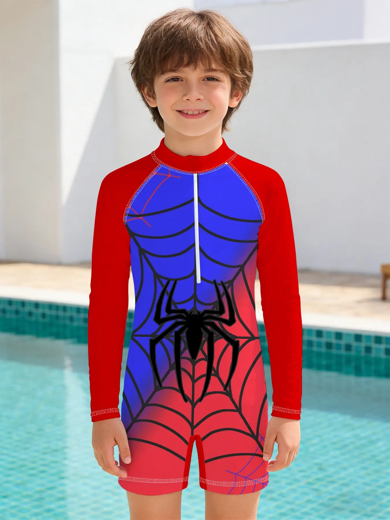 Boys' Sunscreen Swimsuit "Red and Blue Spider Web Print Style" Front-Zip One-Piece Swimsuit, Patterned Swimsuit, Comfortable, Chlorine-Resistant, and Shape-Retaining, Suitable for Swimming Lessons / Beach Vacations / Hot Spring Fun, Swimsuits Swimwear