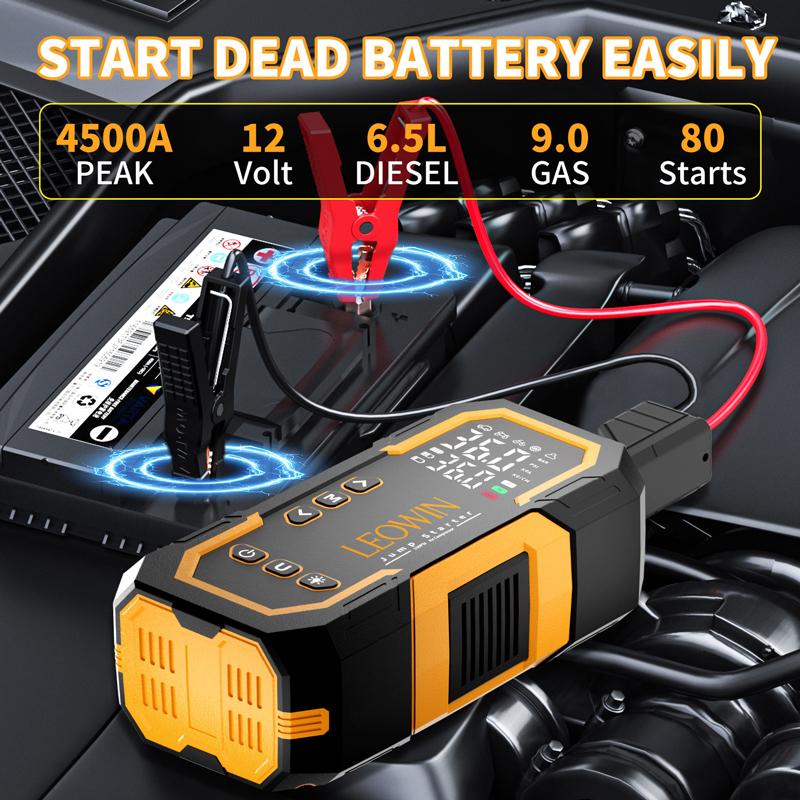 Jump Starter with Air Compressor, Battery Jumper Starter Portable(9.0 Gas/6.5L Diesel) with Tire Inflator, 12V Car Battery Jump Starter with Smart Jumper Cables, LED Light, LCD Display, Car Accessories Tools