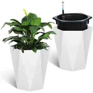 Garvee 16 Inch Self Watering Planters Set of 2 with Wheels & Water Gauge, Indoor Outdoor Flower Pots for Patio, Balcony, Living Room, Modern Diamond Design, White
