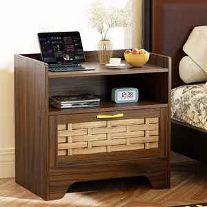 24"Rattan Nightstand with Storage Drawer, Oak Bedside Table with Semi Open Cubby, Boho Night Stand with Farmhouse Arched Base for Bedroom, Side Table, End Table for Dorm