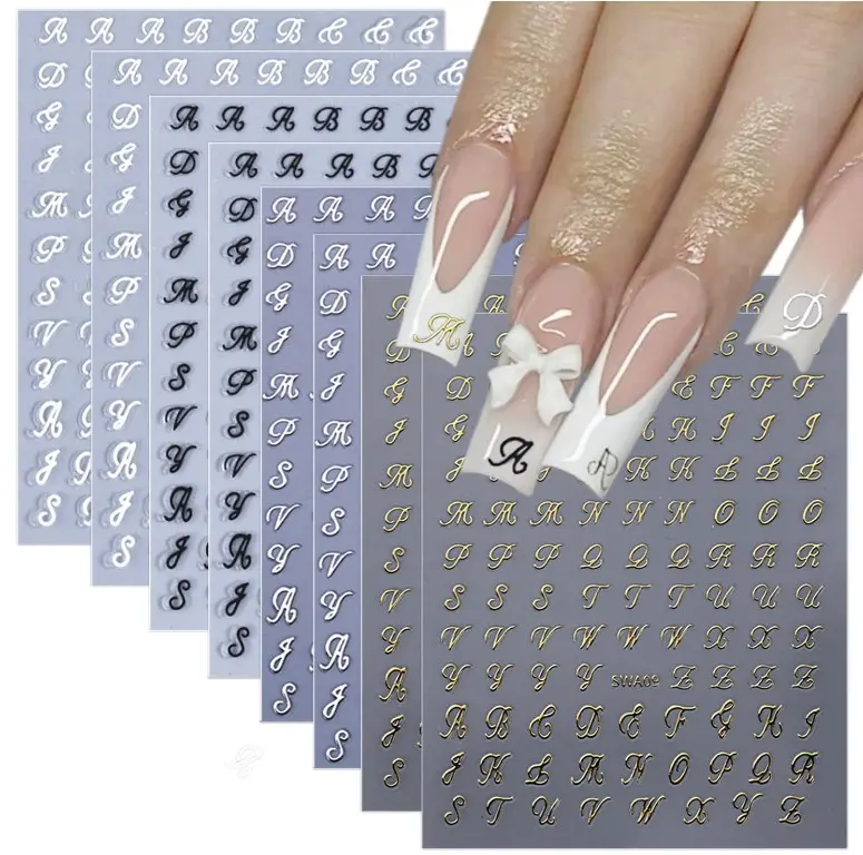 8 Sheets Retro English Letters Nail Stickers for Nail Art 3D Self-Adhesive Black White Gold Silver Design Nail Decals Pegatinas Uñas Personalized Letter Nail Art Stickers for Women DIY Manicure Tip