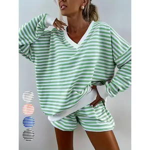 New Autumn–Winter striped patchwork V-neck long-sleeve sweatshirt with elastic-waist pocket shorts; loose, comfortable casual two-piece set (top and bottom), fall outfit