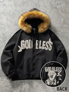 Men's Faux Fur Hooded Zipper Jacket, God Bless Prayer Boy and Dove Pattern, Street Fashion Coat, Warm Stylish Design, Fall & Winter