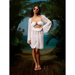 Cider Halter Neckline Metal Detail Ruched Bikini Set With Sheer Cover Up SwimWeek