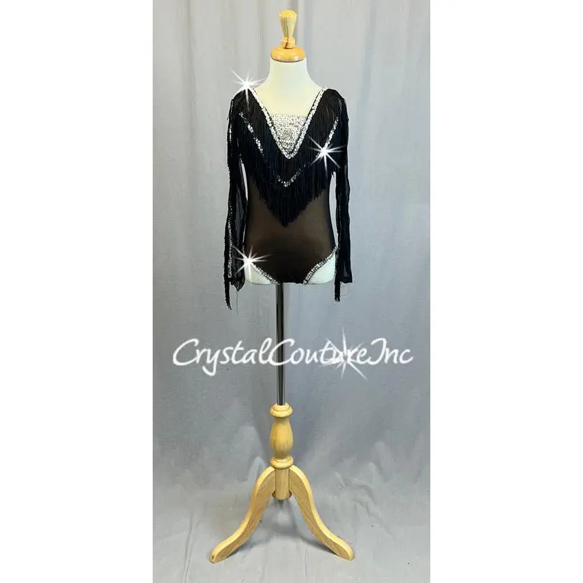 Black Mesh Leotard with Fringe - Rhinestones