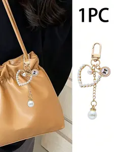 Essential Summer Decor Heart Bow Pattern Imitation Pearl Bag Charm, Mobile Lanyard with Chain, Stylish Keychain and Purse Accessory for Women, Sparkly Bag Charm