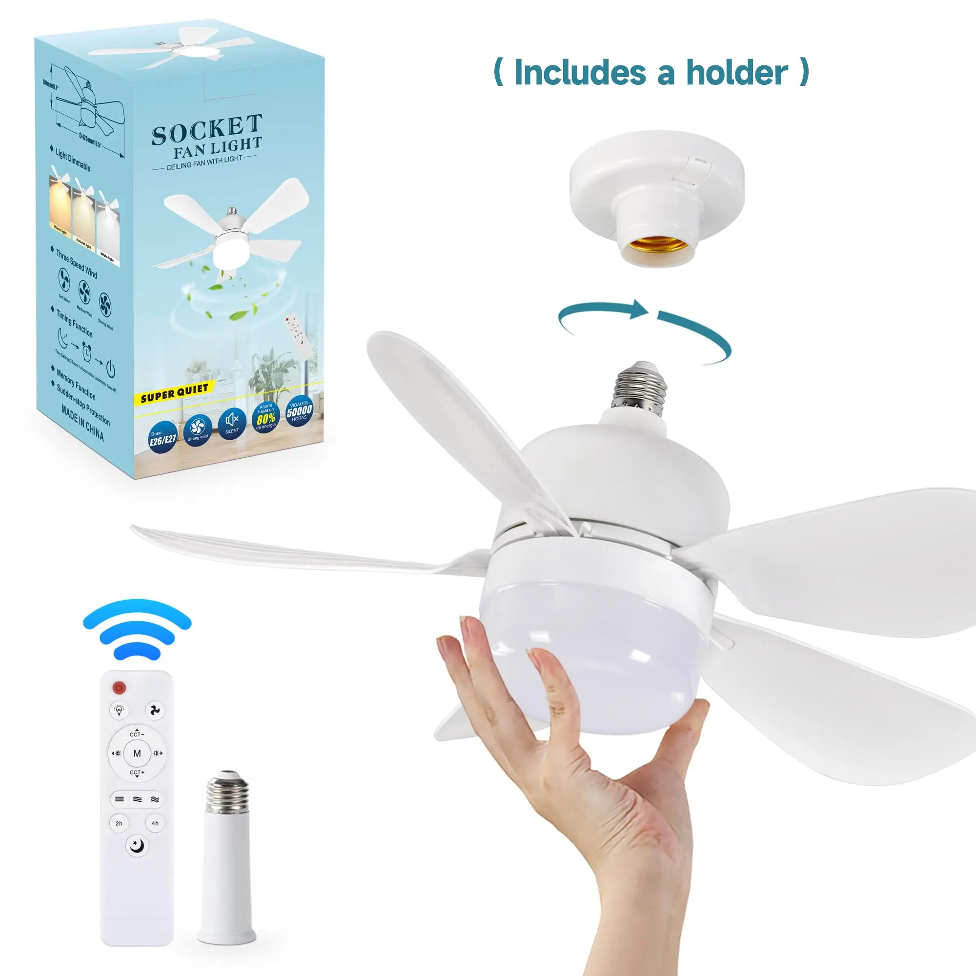 E27 Screw Socket Fan Light, 3 Speed Adjustable Silent Operation Fan Light with 5 Blades & Remote Control, Multifunctional Fan Ceiling Lighting Lamp fo