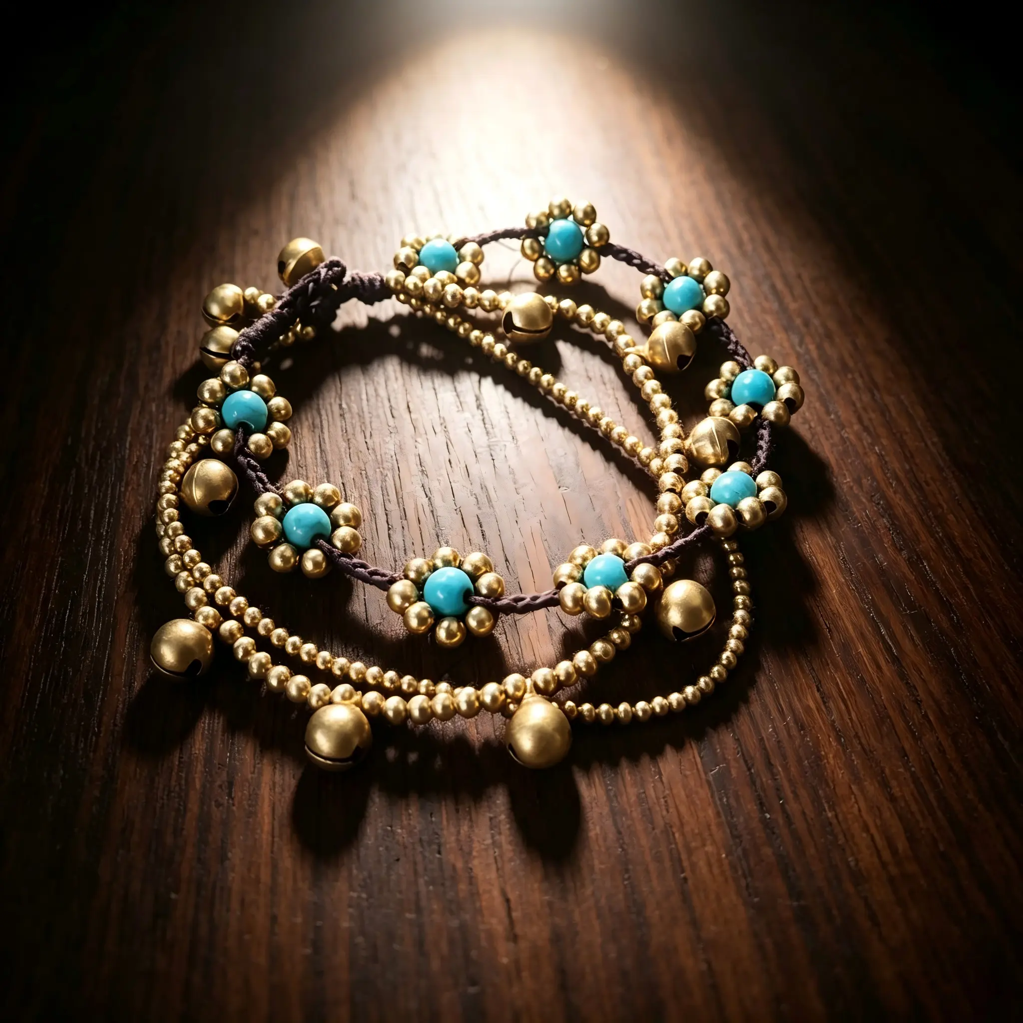 Women's Handmade Bohemian Turquoise Bead Brass Bell Braided Adjustable Bracelet - Vintage Ethnic Tribal Woven String Costume Jewelry