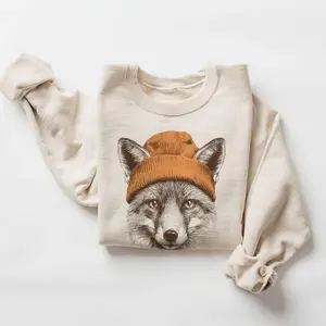 Vintage Cute Fox With Beanie Sweatshirt - Retro 90's Wildlife Camping Outfit - Winter Outdoor Adventure - Nature Animals Unisex Graphic