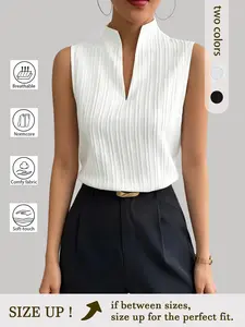 Summer Bestseller Stand Collar Small V Split Sleeveless Top, Vertical Texture Pleated Fitted Vest, Elegant High-End Chic Style, Office Casual Wear, Womenswear