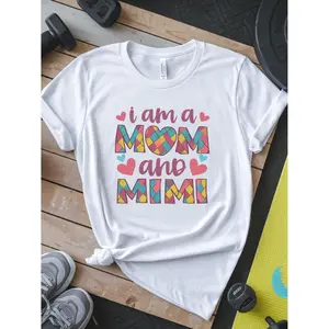 100% Women's Mimi Graphic T-Shirt - Short Sleeve, Round Neck, "I AM A MOM & A Mimi" Geometric Print, Casual Comfort Fit, Machine Washable, Breathable Fabric, Everyday Playful Tee for Spring/Summer