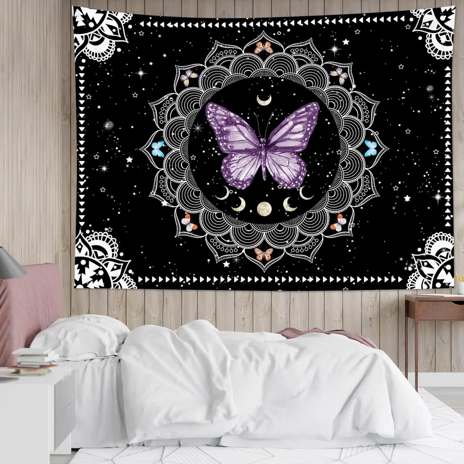 Butterfly Mandala Wall Tapestry Purple Butterfly Black and White Mandala Bohemian Tapestry Wall Hanging Star Moon Phase Aesthetic Wall Art Decor for Bedroom Living Room Decor Home Decor 60Wx40L Inches Decoration Starry Sky Pattern