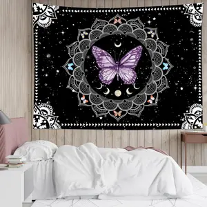 Butterfly Mandala Wall Tapestry Purple Butterfly Black and White Mandala Bohemian Tapestry Wall Hanging Star Moon Phase Aesthetic Wall Art Decor for Bedroom Living Room Decor Home Decor 60Wx40L Inches